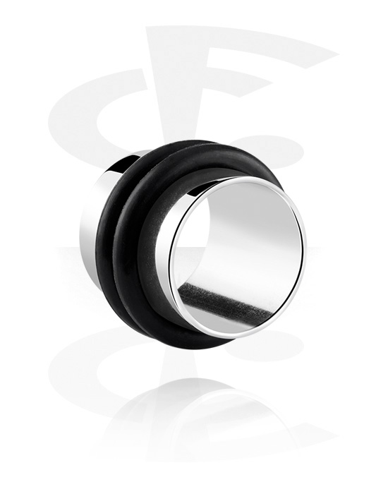 Tunnels & Plugs, Double flared tunnel (surgical steel, silver) met O-ringen, Chirurgisch staal 316L