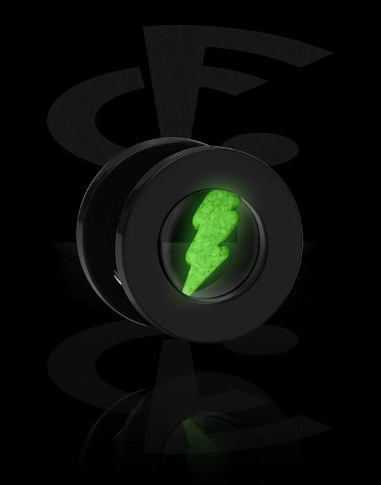 Tunneler & plugger, "Glow in the dark" screw-on tunnel (acrylic, black) med lightning design, Acrylic