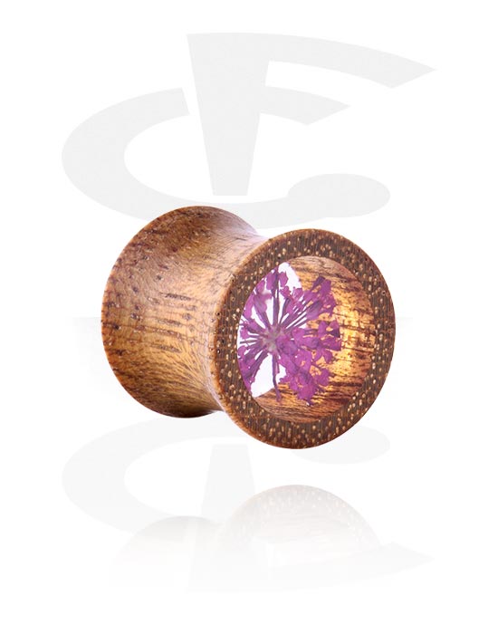 Tunnels & Plugs, Double flared plug (wood) with flower inlay, Wood, Resin